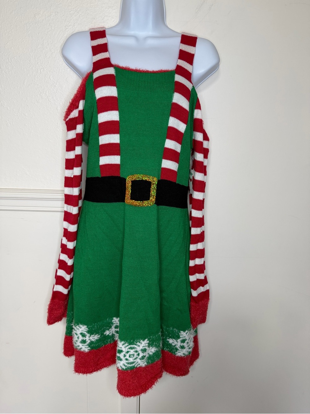 Festive Elf Costume Dress with Striped Sleeves - Green/Red size M new with tag